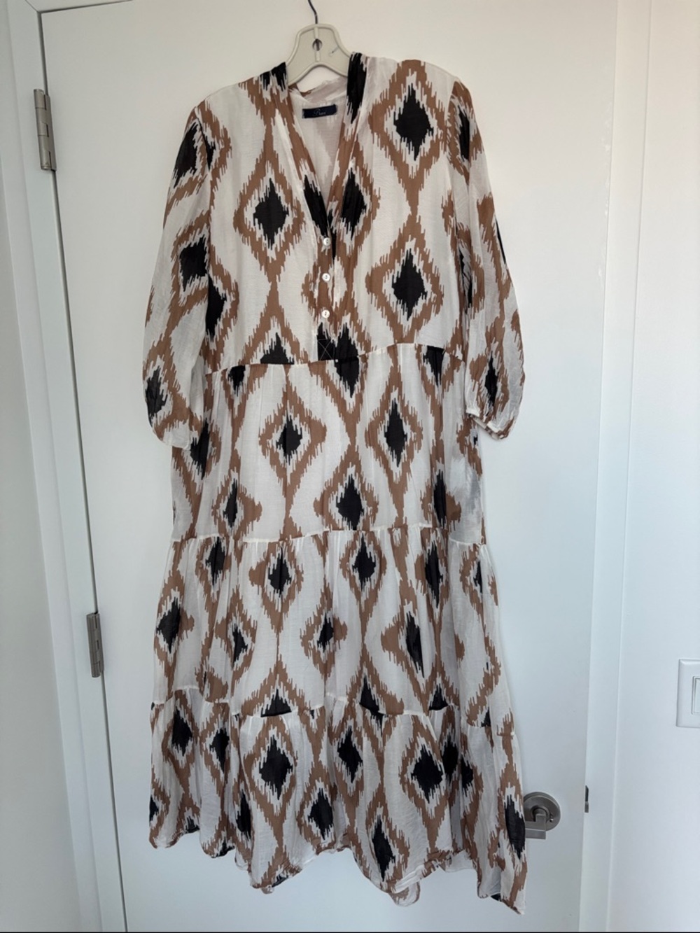 Back Boho Tiered Maxi Dress in Cream, Brown & Black (Silk & Cotton)